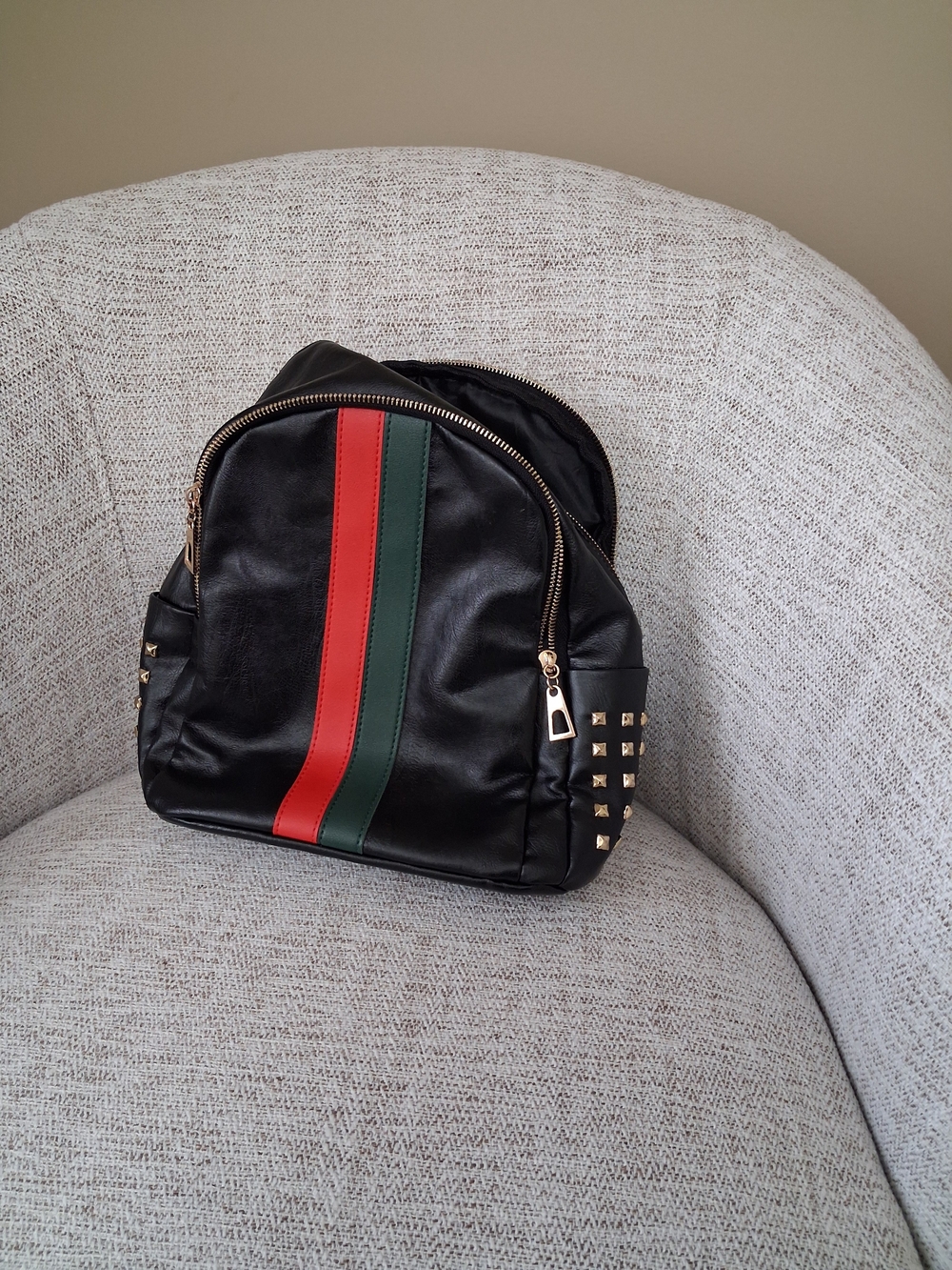 SHEIN Black Backpack with Red and Green Center Stripes